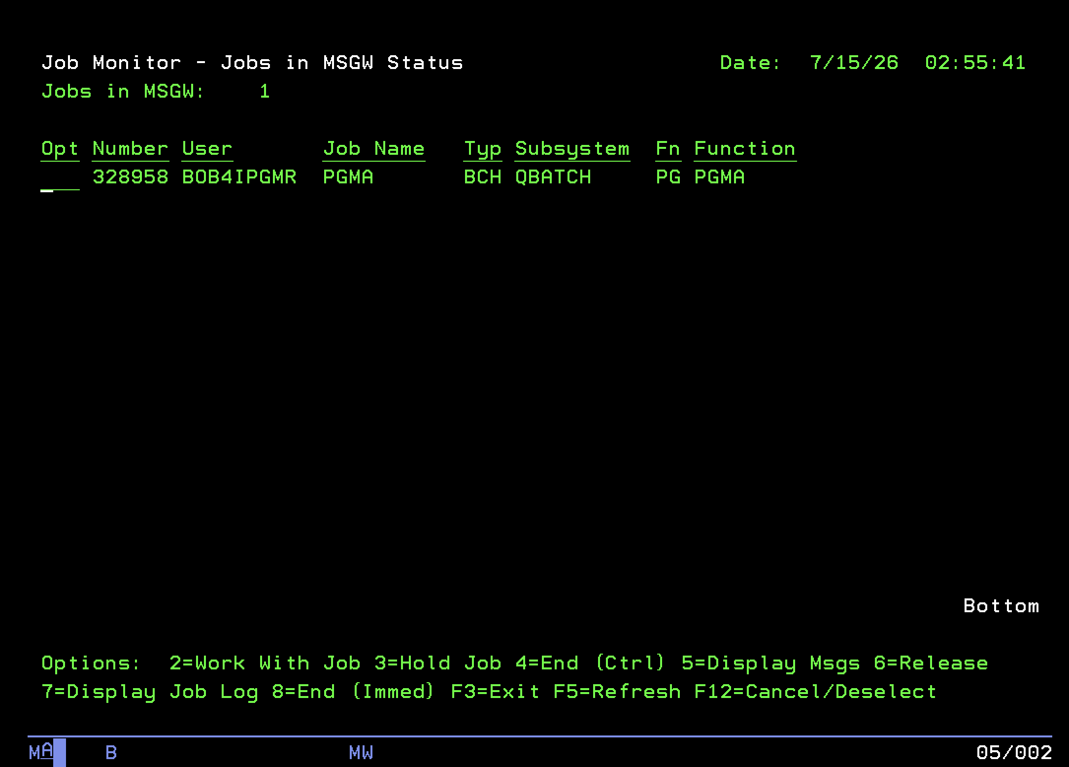 MSGWMON running on IBM i — MSGW job monitor screen